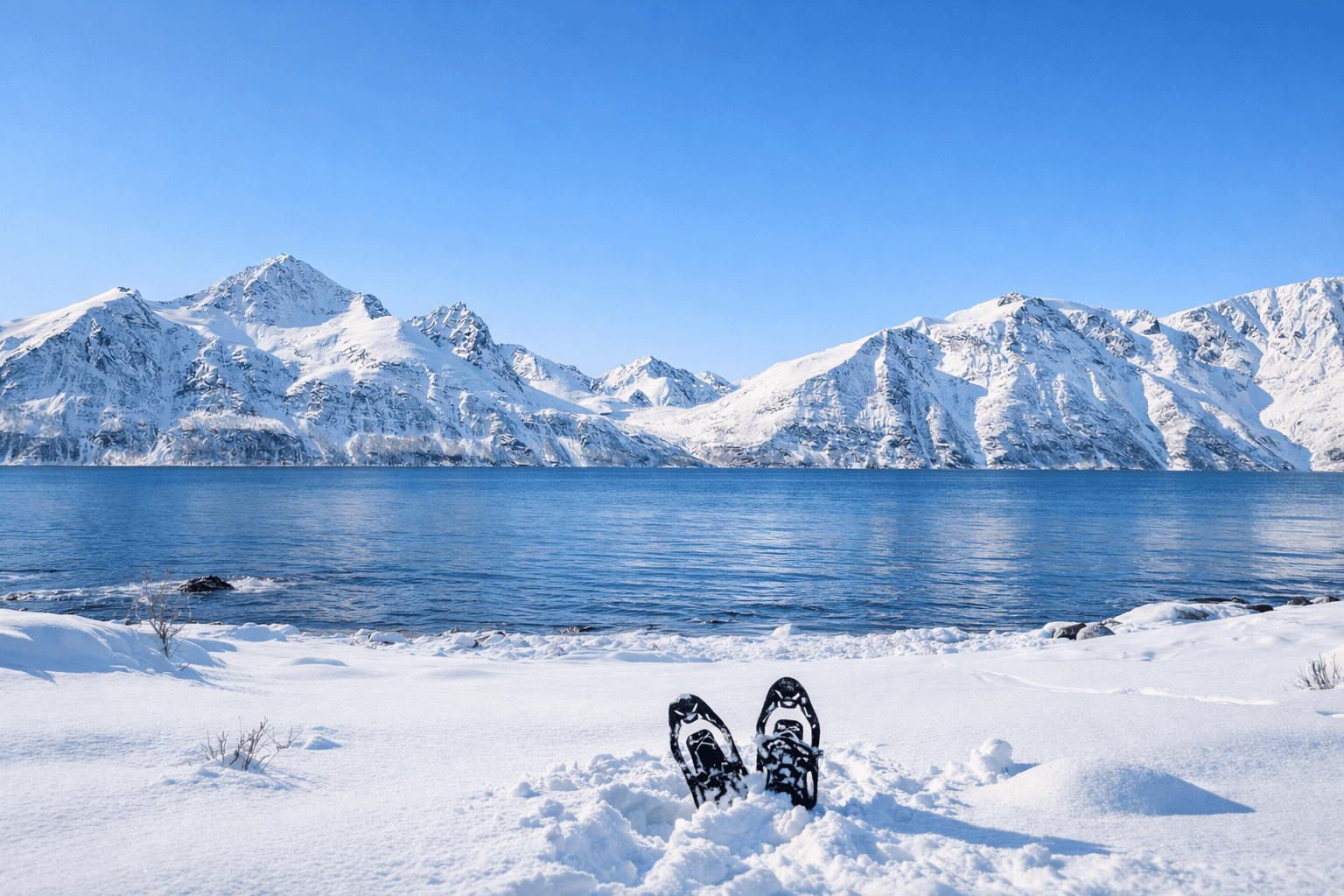 Snow-covered mountains around Kaldfjorden near Tromsø
